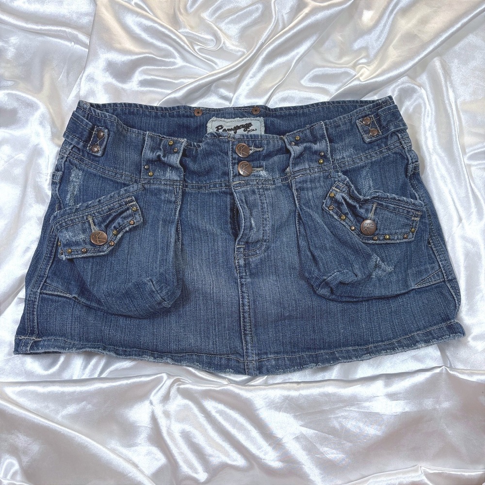 y2k Rampage Jeans Denim Mini Skirt Blue Excellent Cargo Studded Distressed